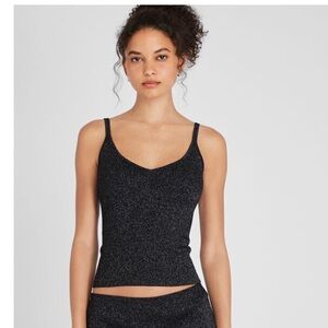 NEW Club Monaco Metallic Ribbed Knit Lurex Tank Top  Black Silver V Neck Large L